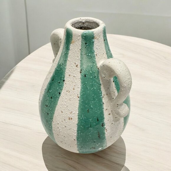 Pottery Vase Stripes Green White Handles Home Decor Speckled - Picture 4 of 5